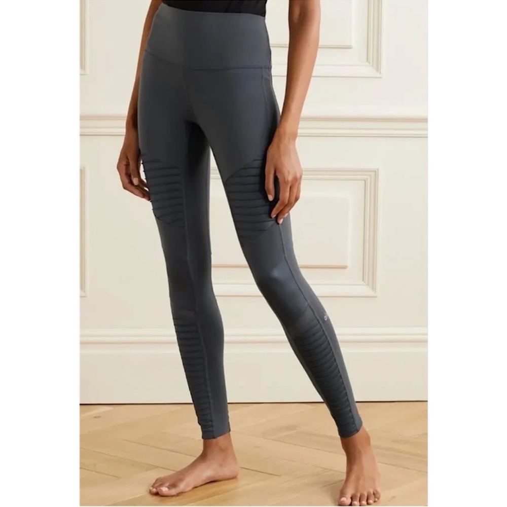 Alo Yoga High Waisted Moto Leggings Dark Storm Gray Ribbed Mesh High Rise L